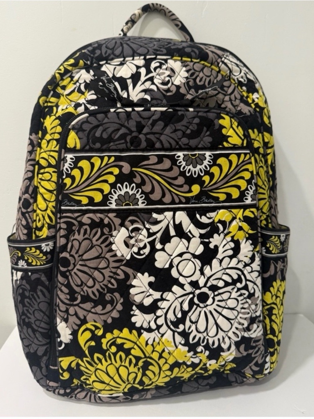 Vera Bradley Baroque Floral Quilted Laptop Backpack in Yellow, Black & Cream